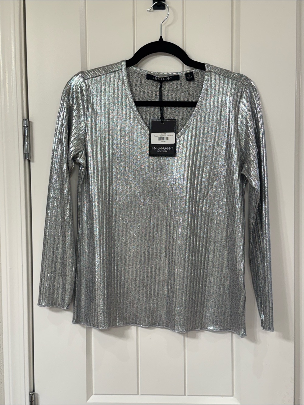 Insight Silver Metallic Ribbed V-Neck Long Sleeve Top